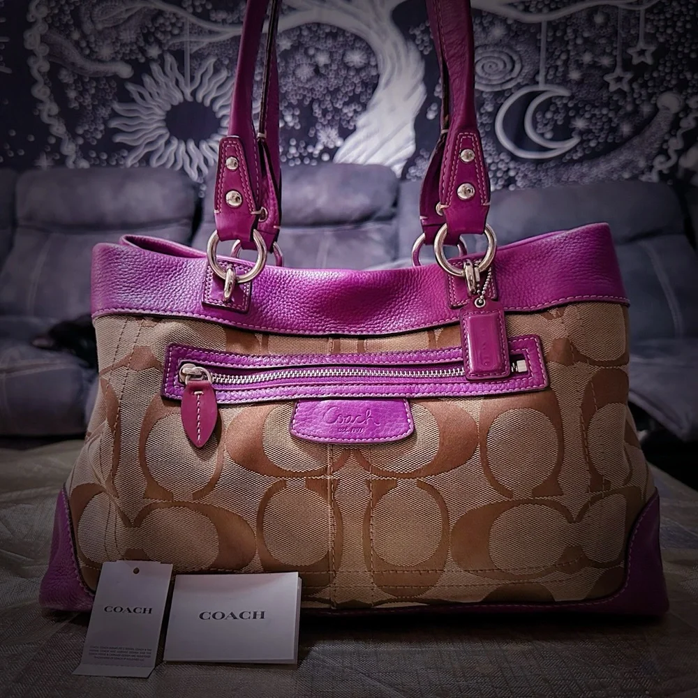 Vintage Coach purple Pink leather and Tan Signature Tote Bag shoulder bag 2009 - Picture 11 of 17